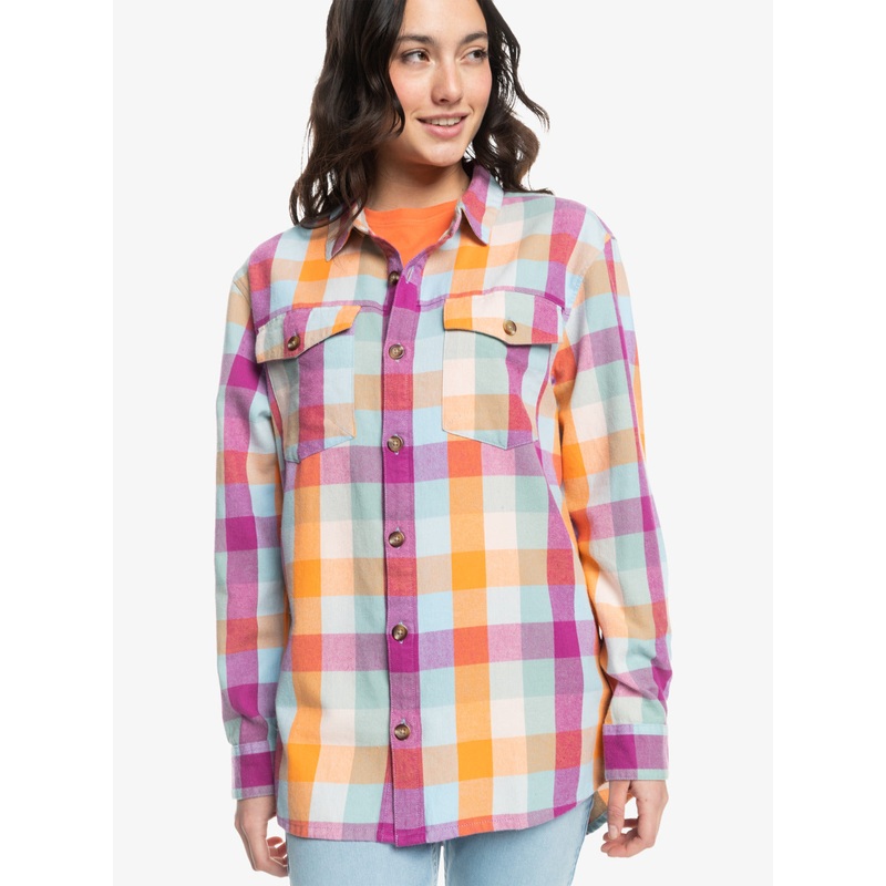 Roxy Let It Go Flannel L/S Shirt-Blue Surf Plaidodo