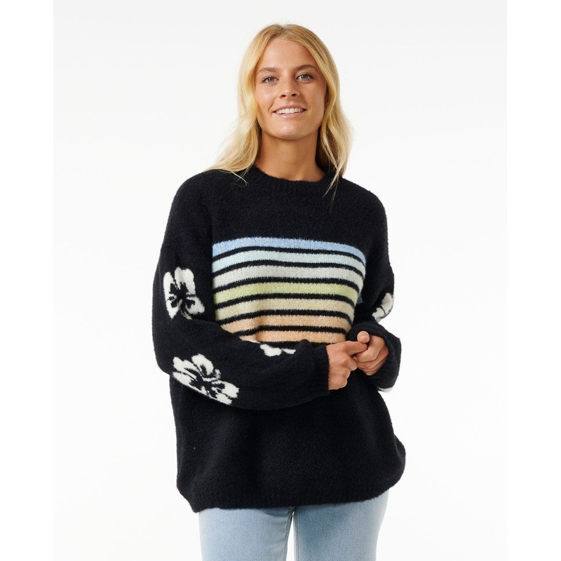Rip Curl High Tide Hibiscus Stripe Crew Sweatshirt-Black