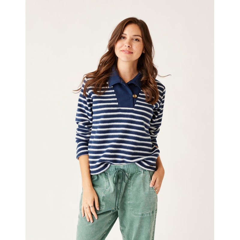 Carve Designs Clara Fleece Pullover Sweatshirt-Navy Even Stripe