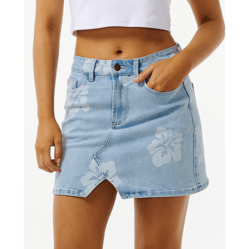 Rip Curl Hibiscus Heat Overdyed Denim Skirt-Light Blue