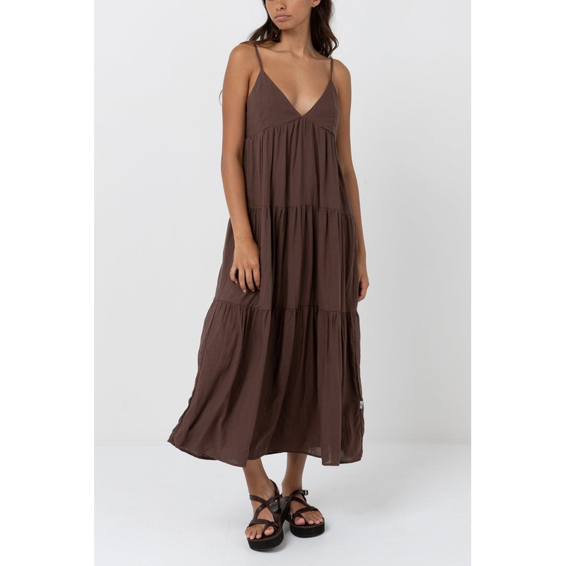 Rhythm Classic Tiered Midi Dress-Chocolate