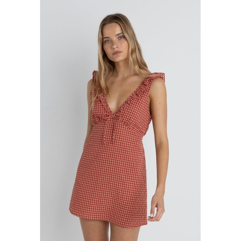 Rhythm Lola Check Ruffle Mini Dress-Red
