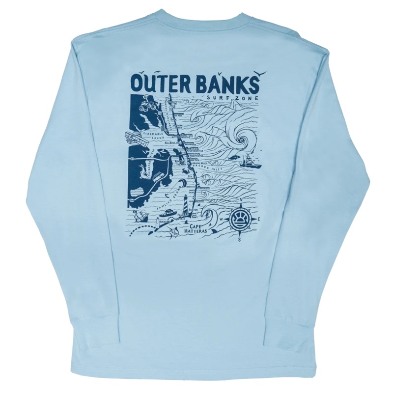 REAL Outer Banks Map L/S Tee-Light Blue