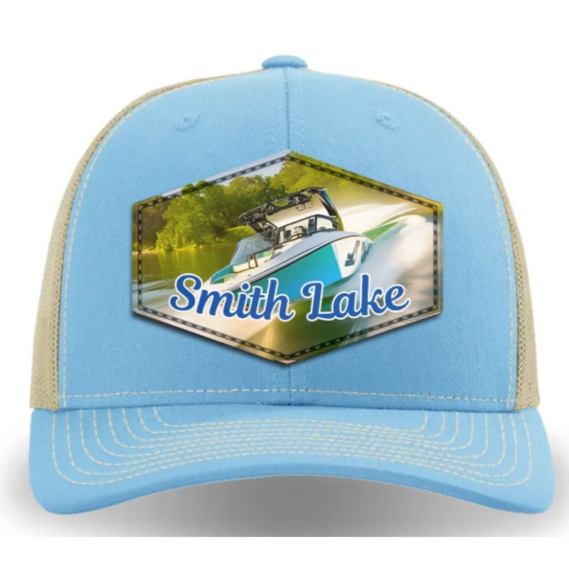 Smith Lake Wake Boat Logo Dyed Leather Patch Trucker Cap Columbia Blue/Khaki