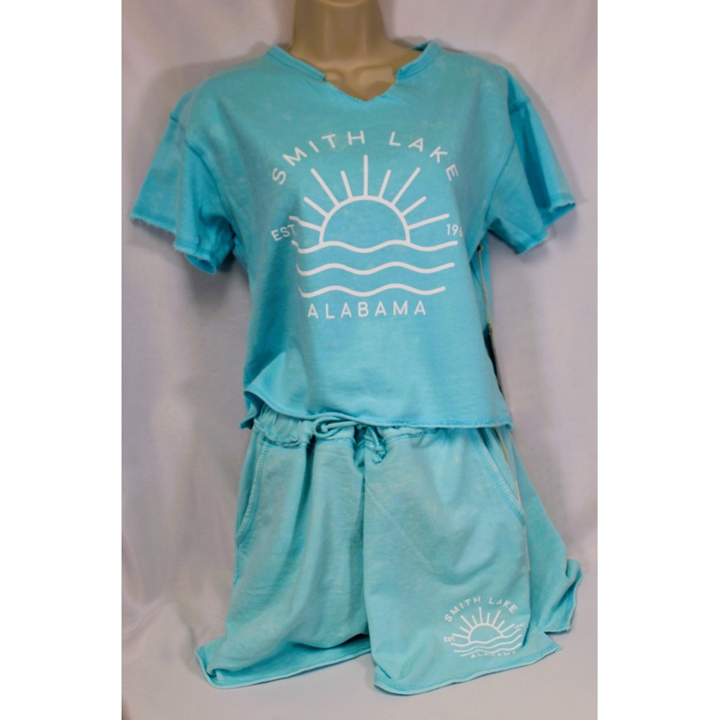 Womens Smith Lake Mineral Wash Cut Neck Raw Edge Tee- AQUA