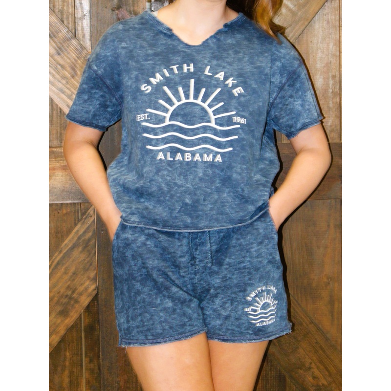 Womens Smith Lake Mineral Wash Cut Neck Raw Edge Tee- Navy