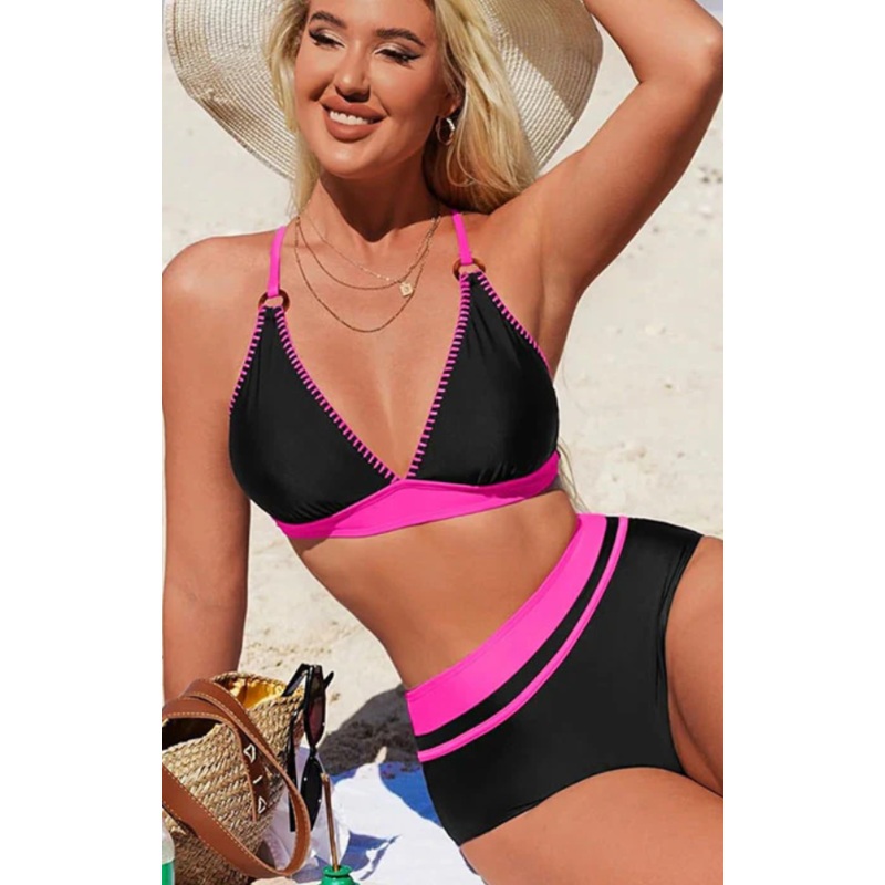 High Waisted Colorblock V Neck 2 Piece Swimsuit (Sold by Piece)