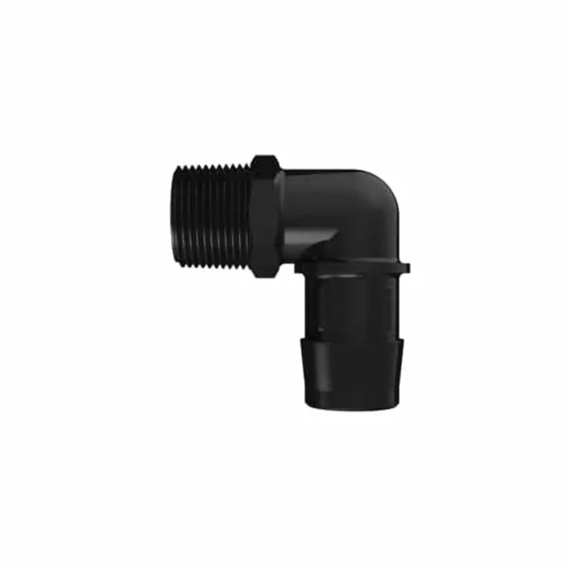 Plastic Barbed Hose Elbow – 3/4″ NPT Thread to 1″ hose barb